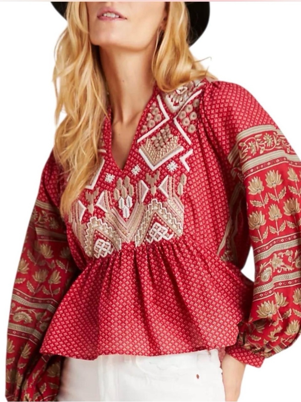 Anthropologie Kiera Embroidered Peplum Top